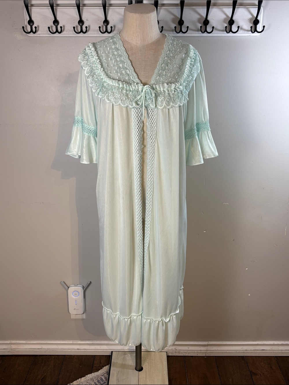 Vintage Light Blue Lace-Trim Long Peignoir with Tie Closure